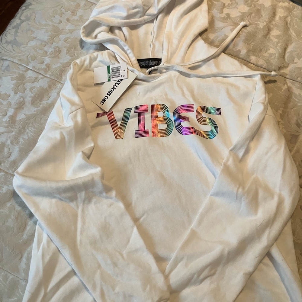 Rebellious One White Hoodie with Multicolor Vibes Print